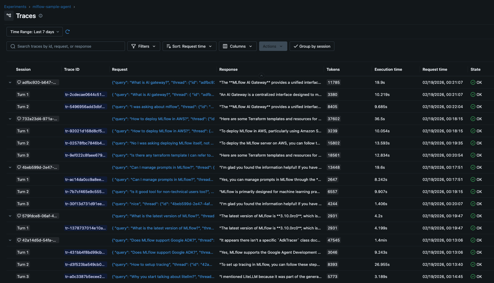 Screenshot of MLflow trace list showing recent agent traces with status, latency, and token usage
